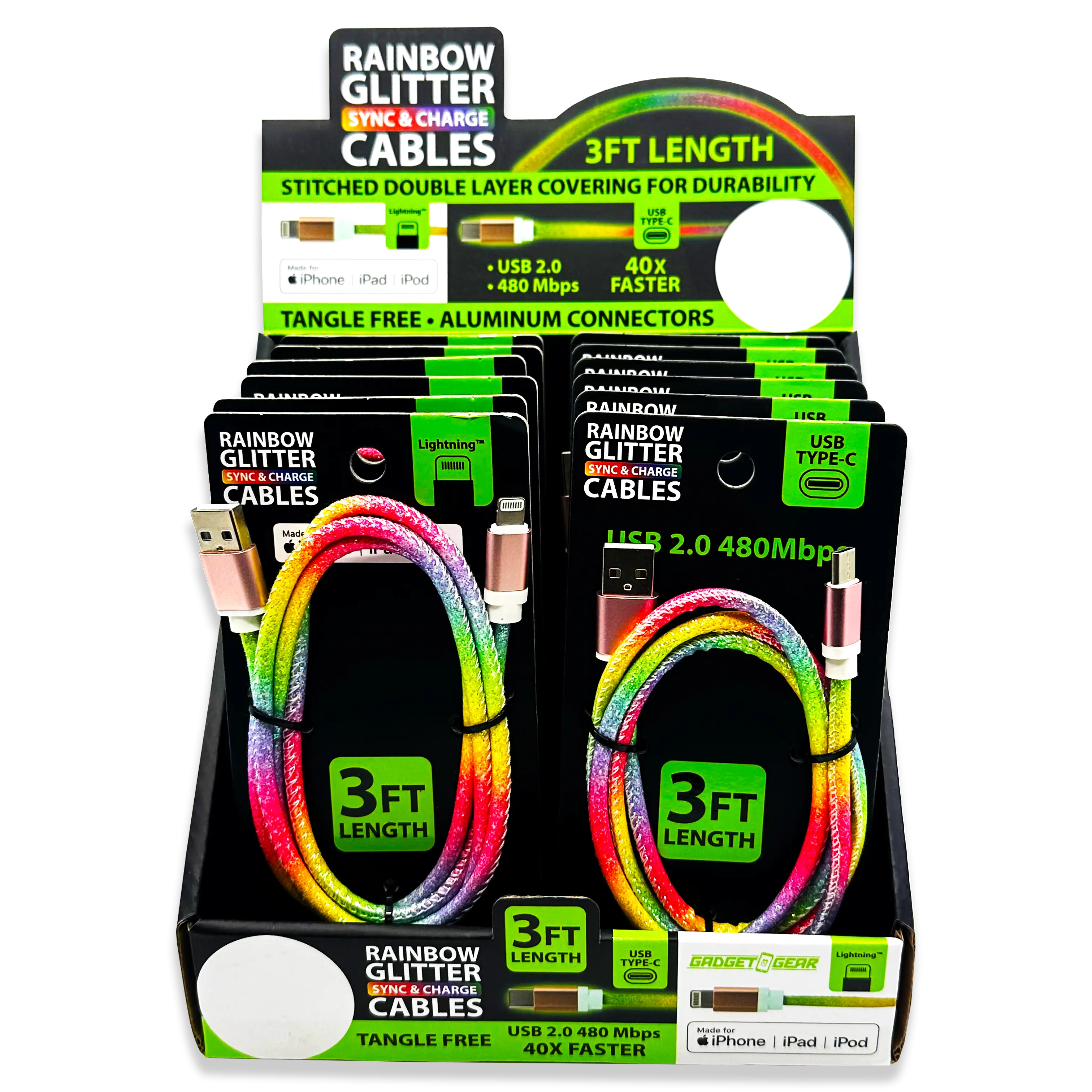 Charging Cable Rainbow Assortment 3FT - 12 Pieces Per Retail Ready Display 88456 GADGET GEAR
