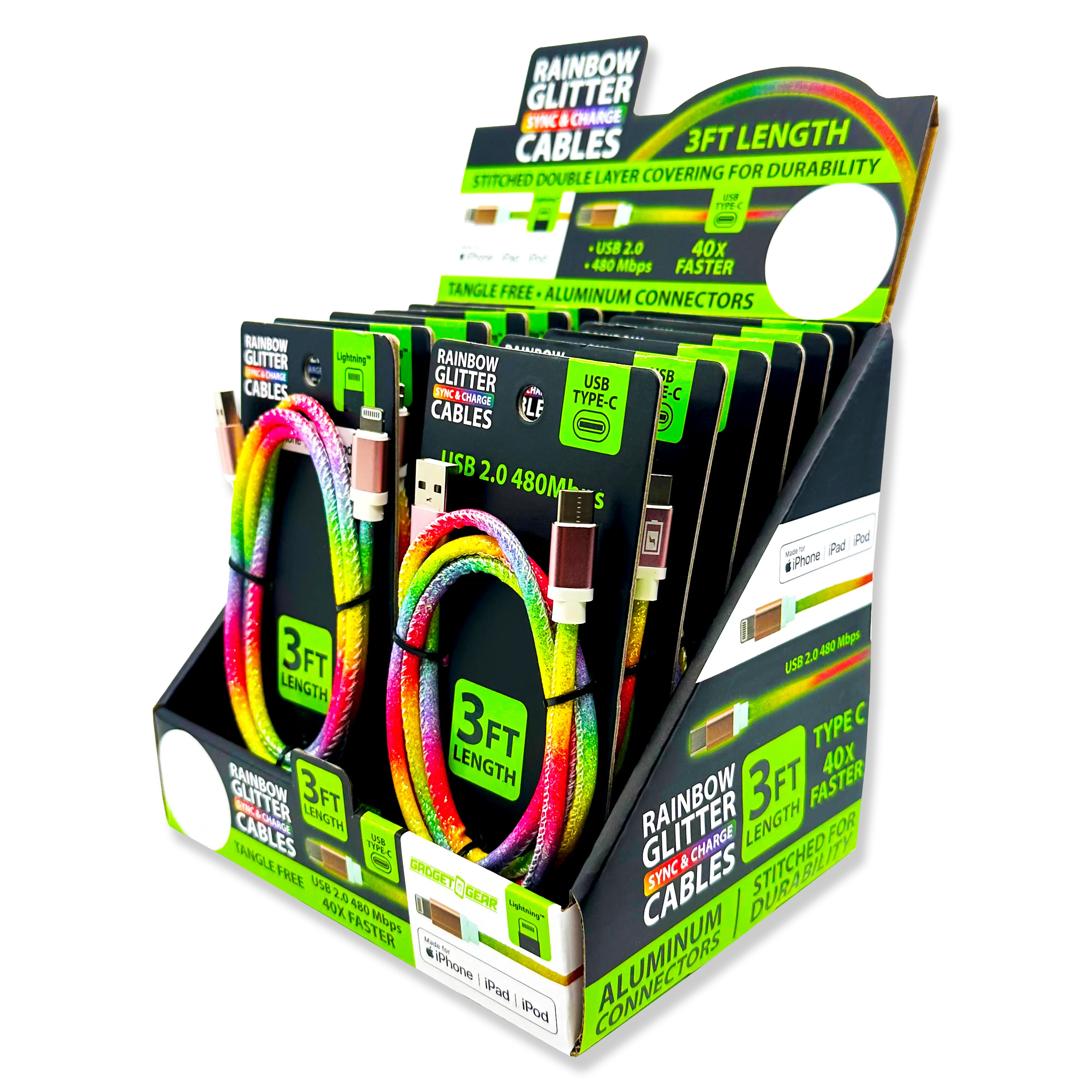 Charging Cable Rainbow Assortment 3FT - 12 Pieces Per Retail Ready Display 88456 GADGET GEAR