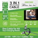 Charging Cable USB 3 in 1 Multi-Head USB-C / Micro USB / Lightning 10FT - 6 Pieces Per Retail Ready Display 23100 GADGET GEAR