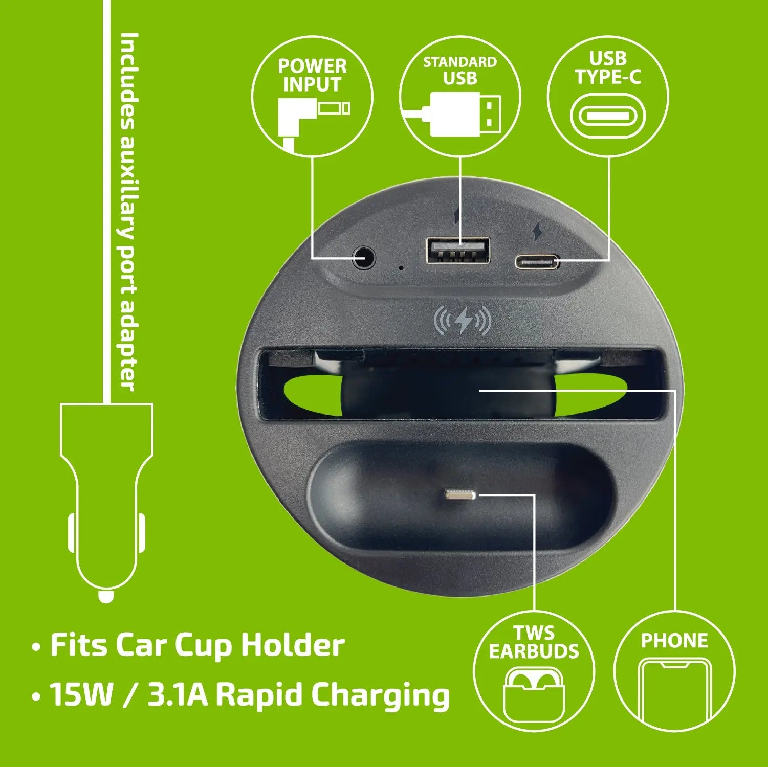 Cup Holder Multi-Port Wireless Charger - 4 Pieces Per Retail Ready Display 23765 GADGET GEAR