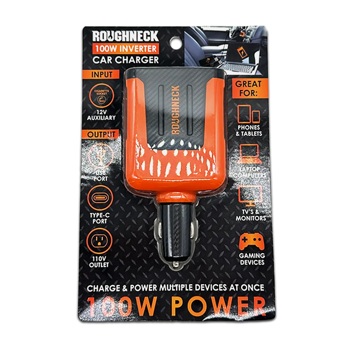 Car Charger DC 3 Port USB / USB-C / 120V Outlet 100 Watts - 4 Pieces Per Retail Ready Display 23861MN ROUGHNECK