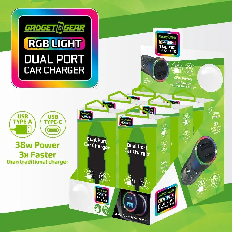 Car Charger  DC Dual Port USB / USB-C with Rgb Light Effects - 6 Pieces Per Retail Ready Display 23878 GADGET GEAR
