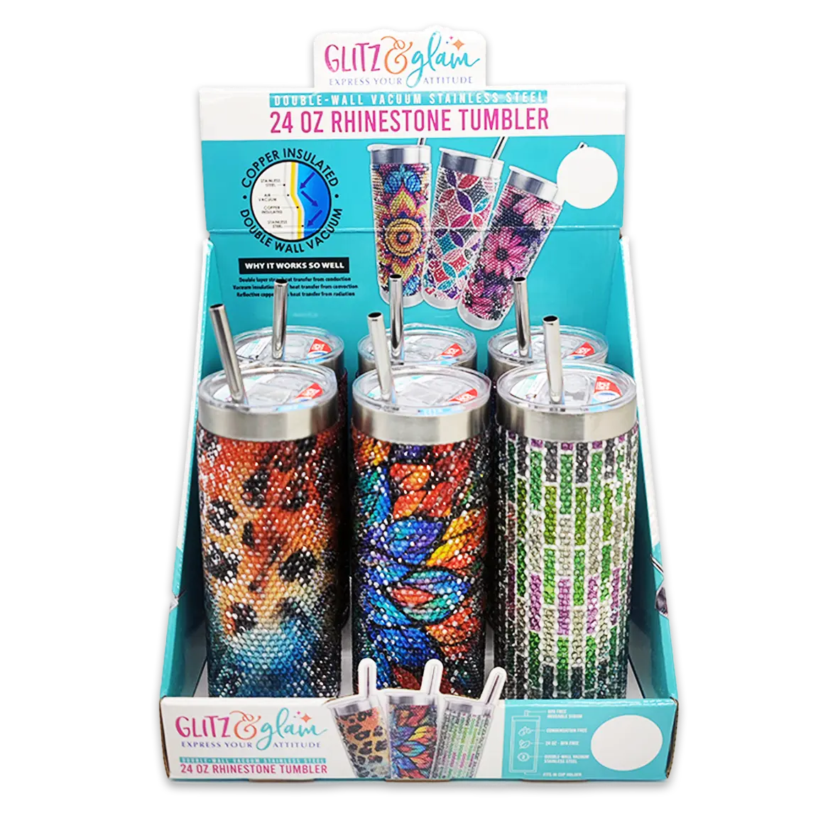 Insulated 24 Oz Rhinestone Tumbler Cup - 6 Pieces Per Retail Ready Display 24374 ROUGHNECK
