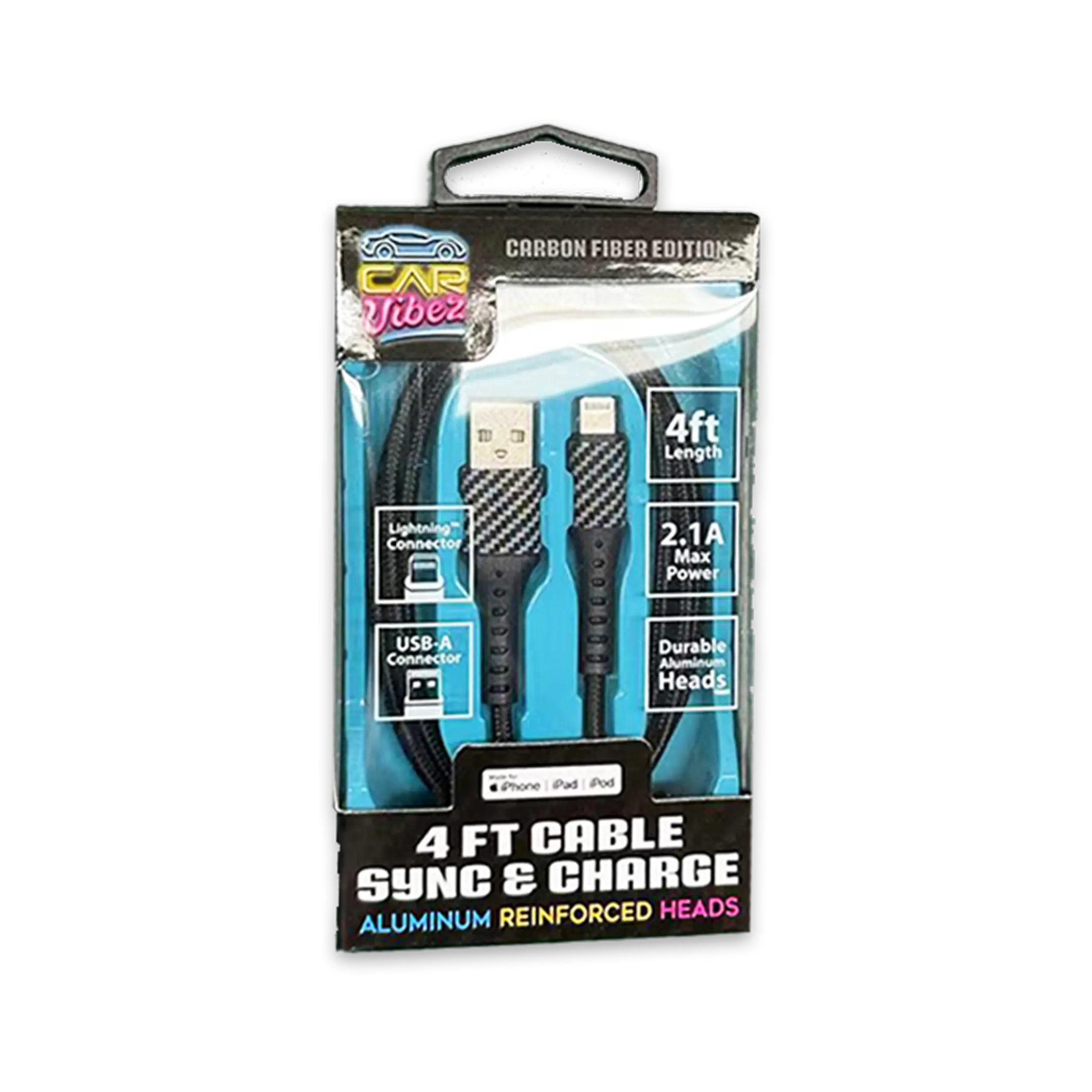Charging Cable Carbon Fiber USB to Lightning 4FT 2.1 Amp - 3 Pieces Per Pack 24565 CAR VIBEZ