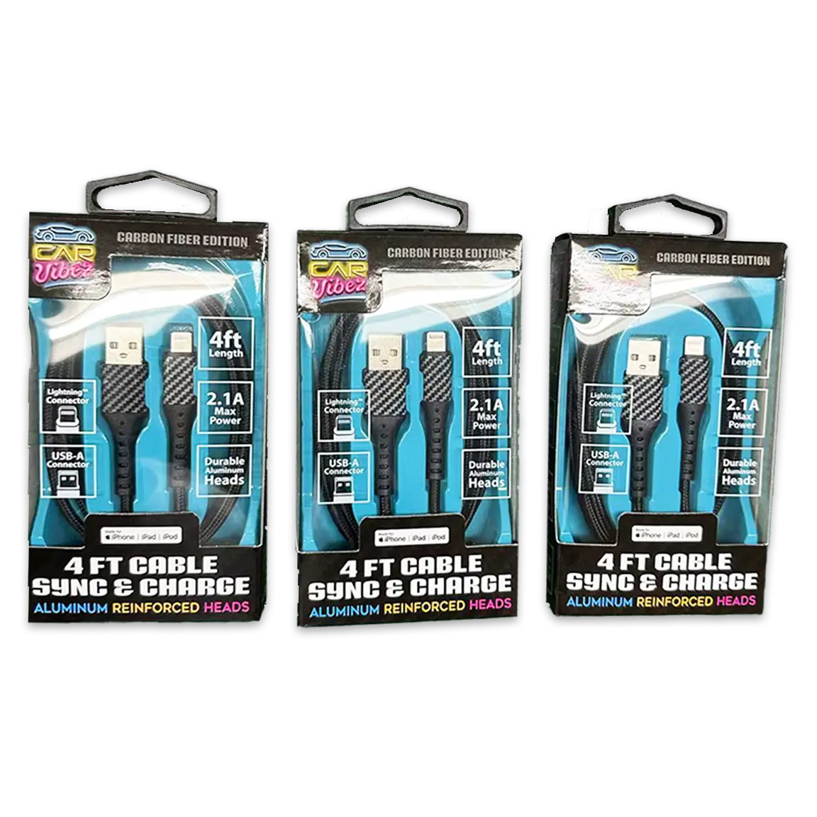 Charging Cable Carbon Fiber USB to Lightning 4FT 2.1 Amp - 3 Pieces Per Pack 24565 CAR VIBEZ