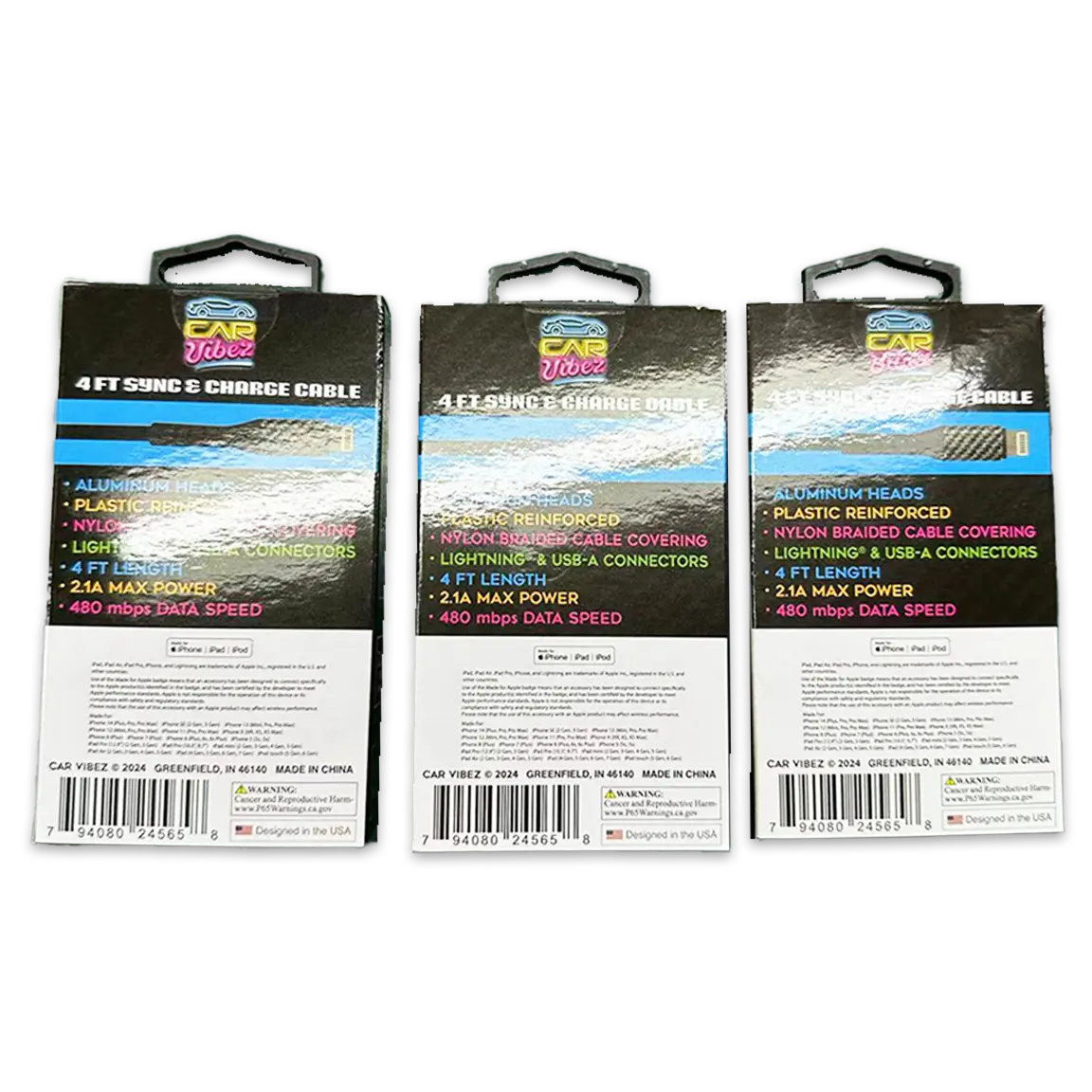 Charging Cable Carbon Fiber USB to Lightning 4FT 2.1 Amp - 3 Pieces Per Pack 24565 CAR VIBEZ