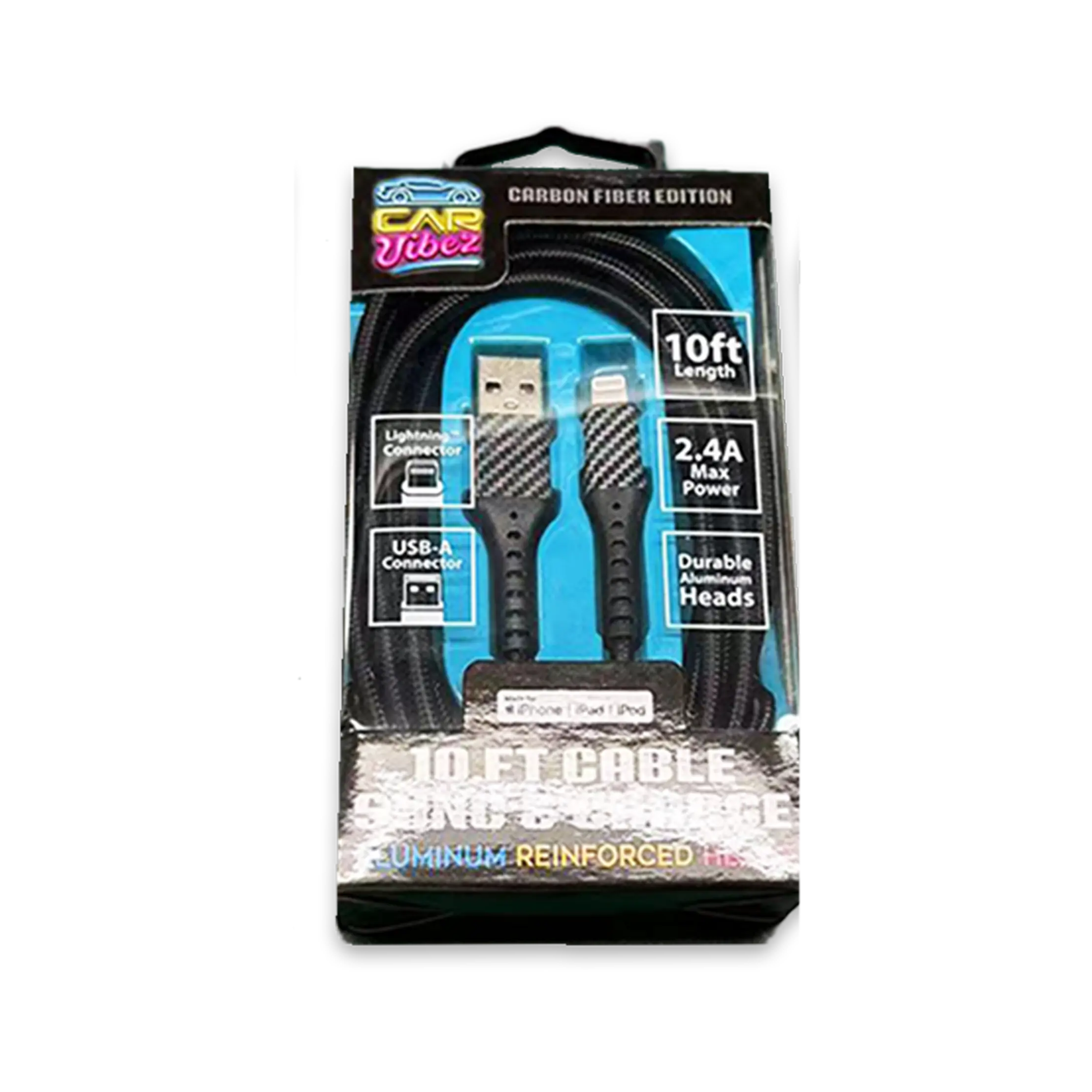 Charging Cable Carbon Fiber USB to Lightning 10FT 2.4 Amp - 3 Pieces Per Pack 24566 CAR VIBEZ