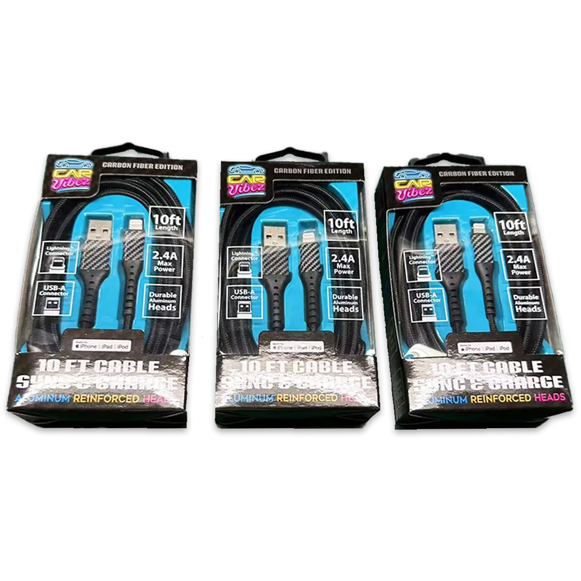 Charging Cable Carbon Fiber USB to Lightning 10FT 2.4 Amp - 3 Pieces Per Pack 24566 CAR VIBEZ