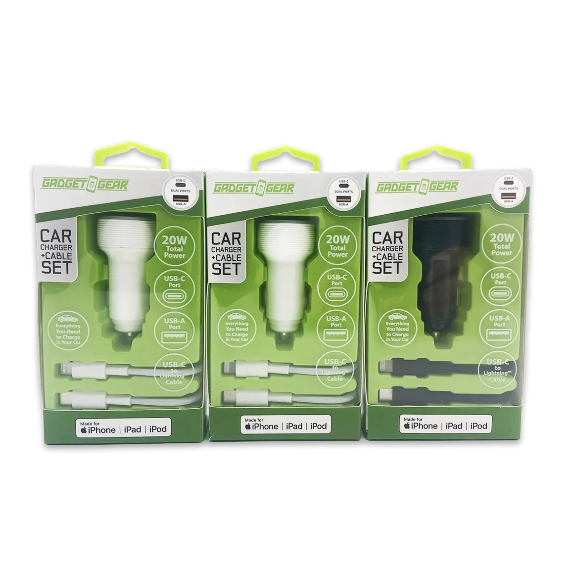 Car Charger Dual USB / USB-C Ports with USB-C to Lightning Charging Cable Set 20 Watts - 3 Pieces Per Pack 24607 GADGET GEAR