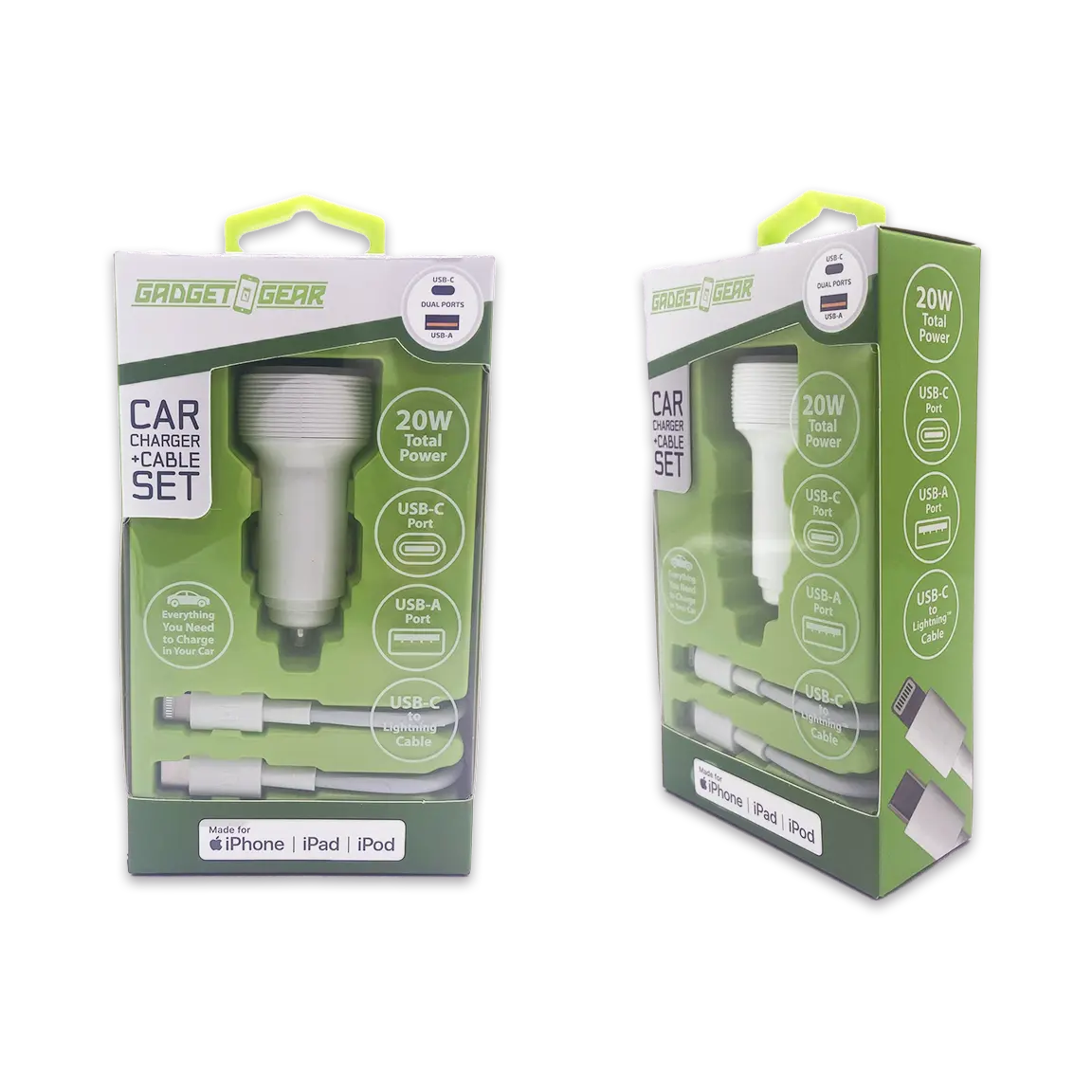 Car Charger Dual USB / USB-C Ports with USB-C to Lightning Charging Cable Set 20 Watts - 3 Pieces Per Pack 24607 GADGET GEAR