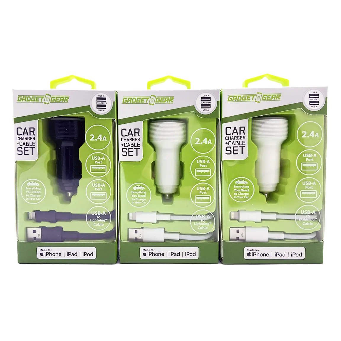 Car Charger Dual USB Ports with USB to Lightning Charging Cable Set - 3 Pieces Per Pack 24620 GADGET GEAR