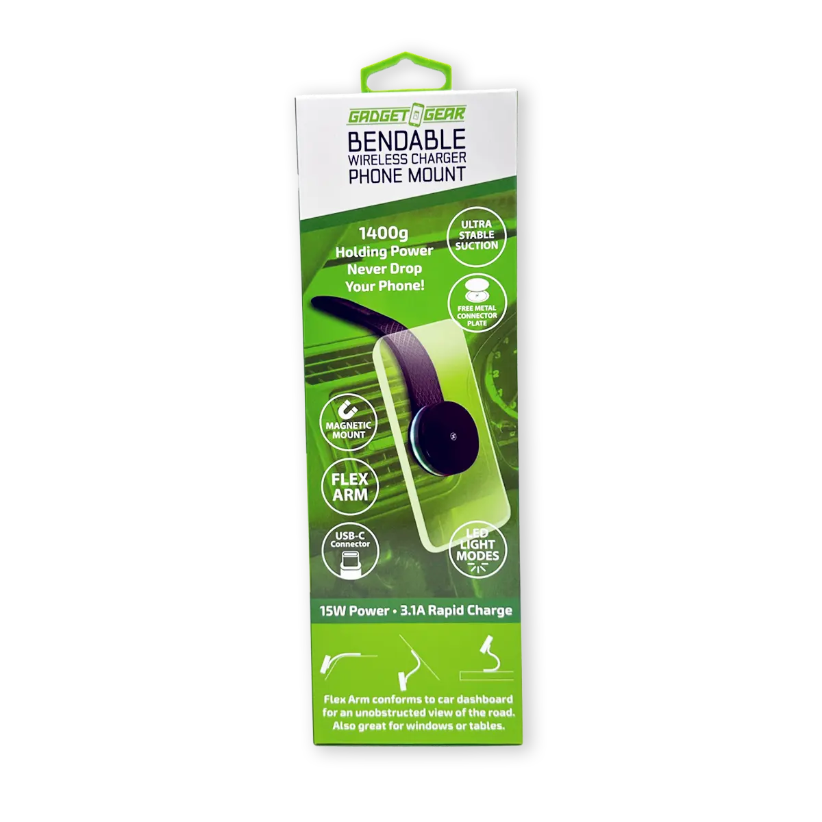 Bendable Wireless Charger Magnetic Phone Mount 15 Watts - 4 Pieces Per Retail Ready Display 25249 GADGET GEAR