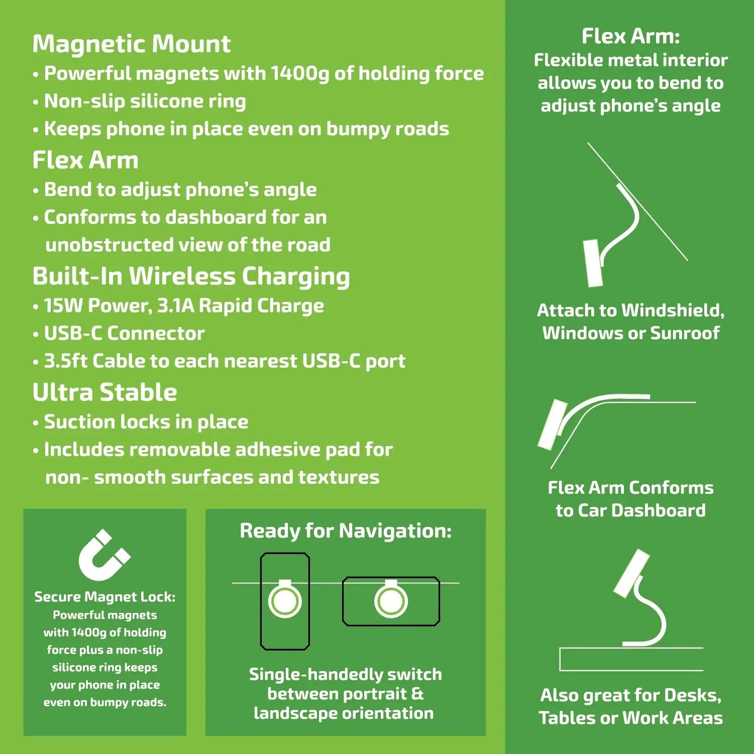 Bendable Wireless Charger Magnetic Phone Mount 15 Watts - 4 Pieces Per Retail Ready Display 25249 GADGET GEAR