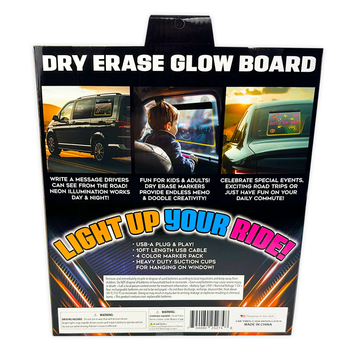 Dry Erase Window Glow Board with Markers - 6 Pieces Per Retail Ready Display 25274 CAR VIBEZ