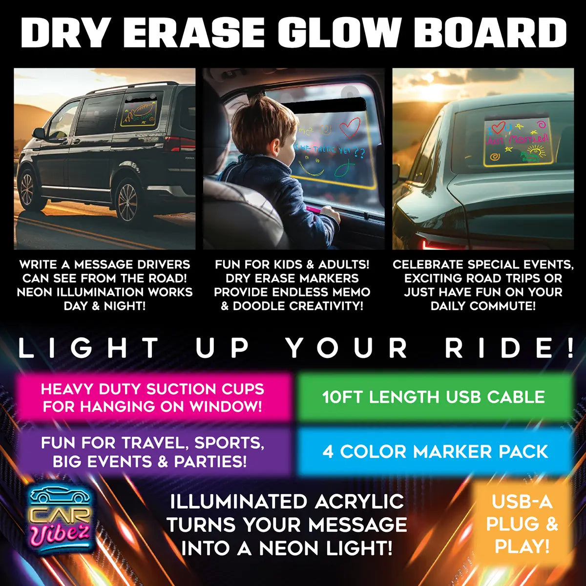 Dry Erase Window Glow Board with Markers - 6 Pieces Per Retail Ready Display 25274 CAR VIBEZ
