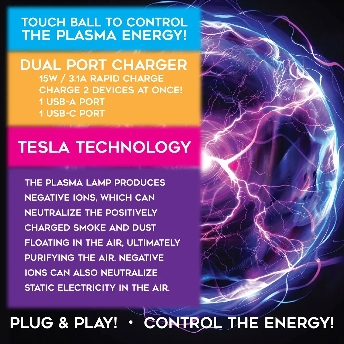 Car Charger Dual Port USB-A/USB-C 3.1-Amp Plasma Ball - 3 Pieces Per Pack 41786 GADGET GEAR