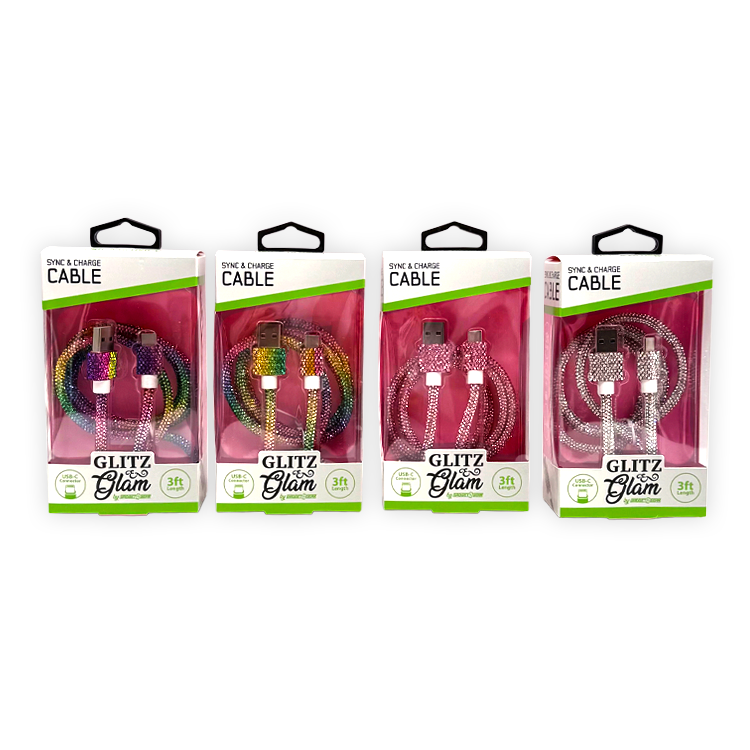 Glitz N Glam 3FT 2.4Amp USB-to-USB-C Cable - 6 Pieces Per Retail Ready Display 25948 GADGET GEAR