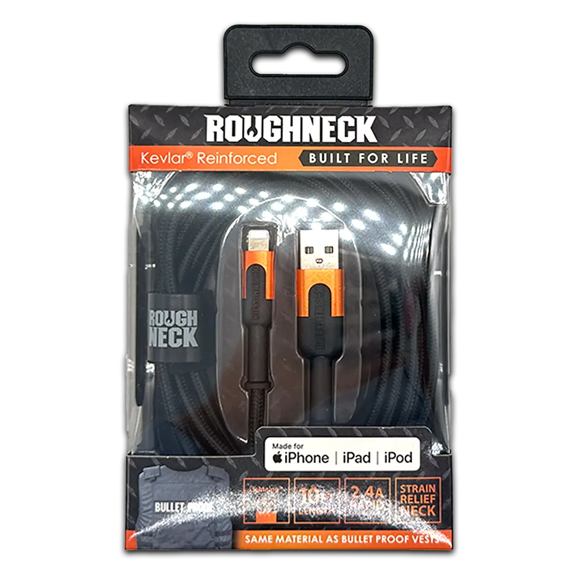 Charging Cable Roughneck Soft Cloth USB to Lightning 10FT 2.4 Amp - 6 Pieces Per Retail Ready Display 41594D ROUGHNECK