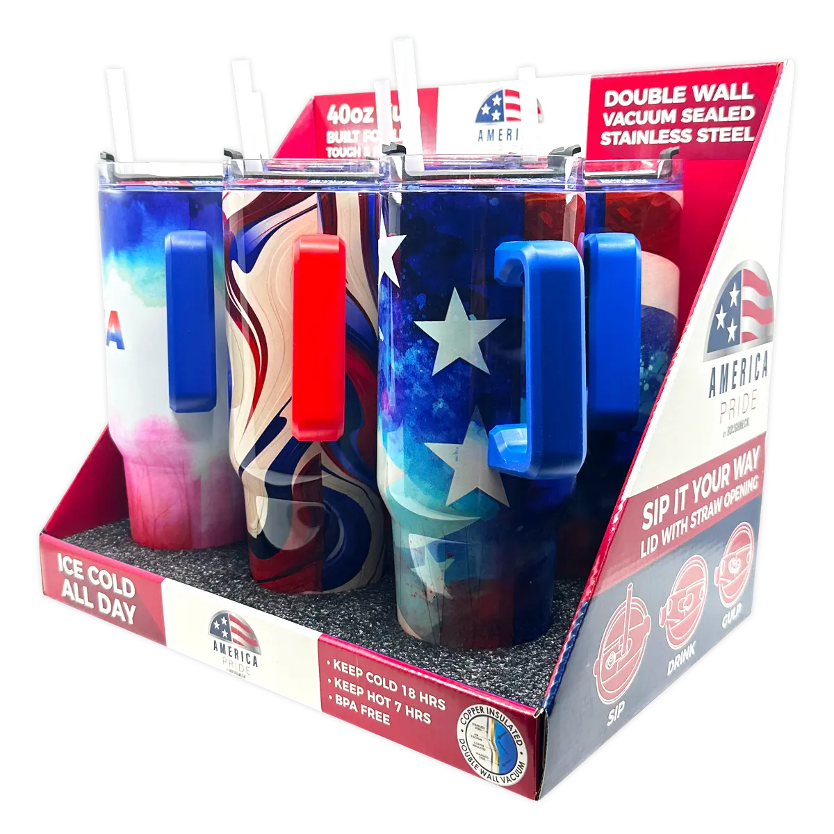 40 oz Stainless-Steel Insulated Patriotic Printed Cups - 6 Pieces Per Retail Ready Display 41686 ROUGHNECK