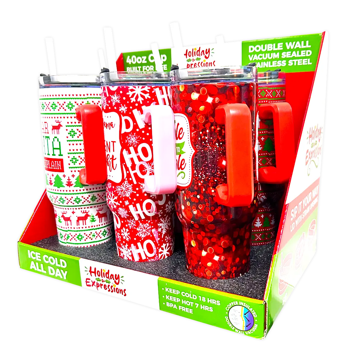 40 oz Insulated Stainless-Steel Holiday Cup - 6 Pieces Per Retail Ready Display 41709 ROUGHNECK