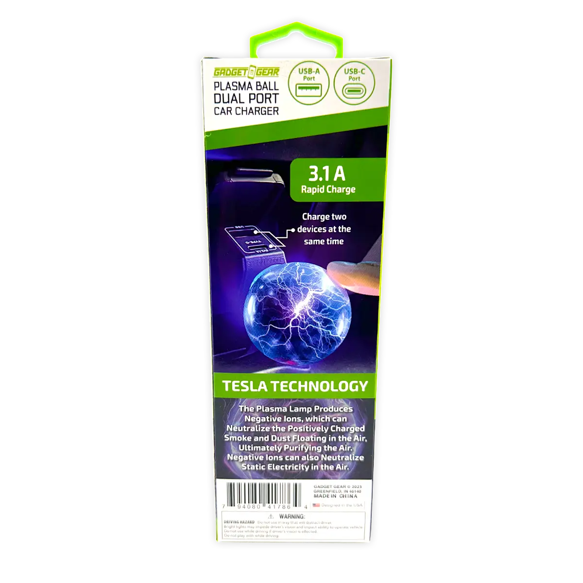 Car Charger Dual Port USB-A/USB-C 3.1-Amp Plasma Ball - 3 Pieces Per Pack 41786 GADGET GEAR