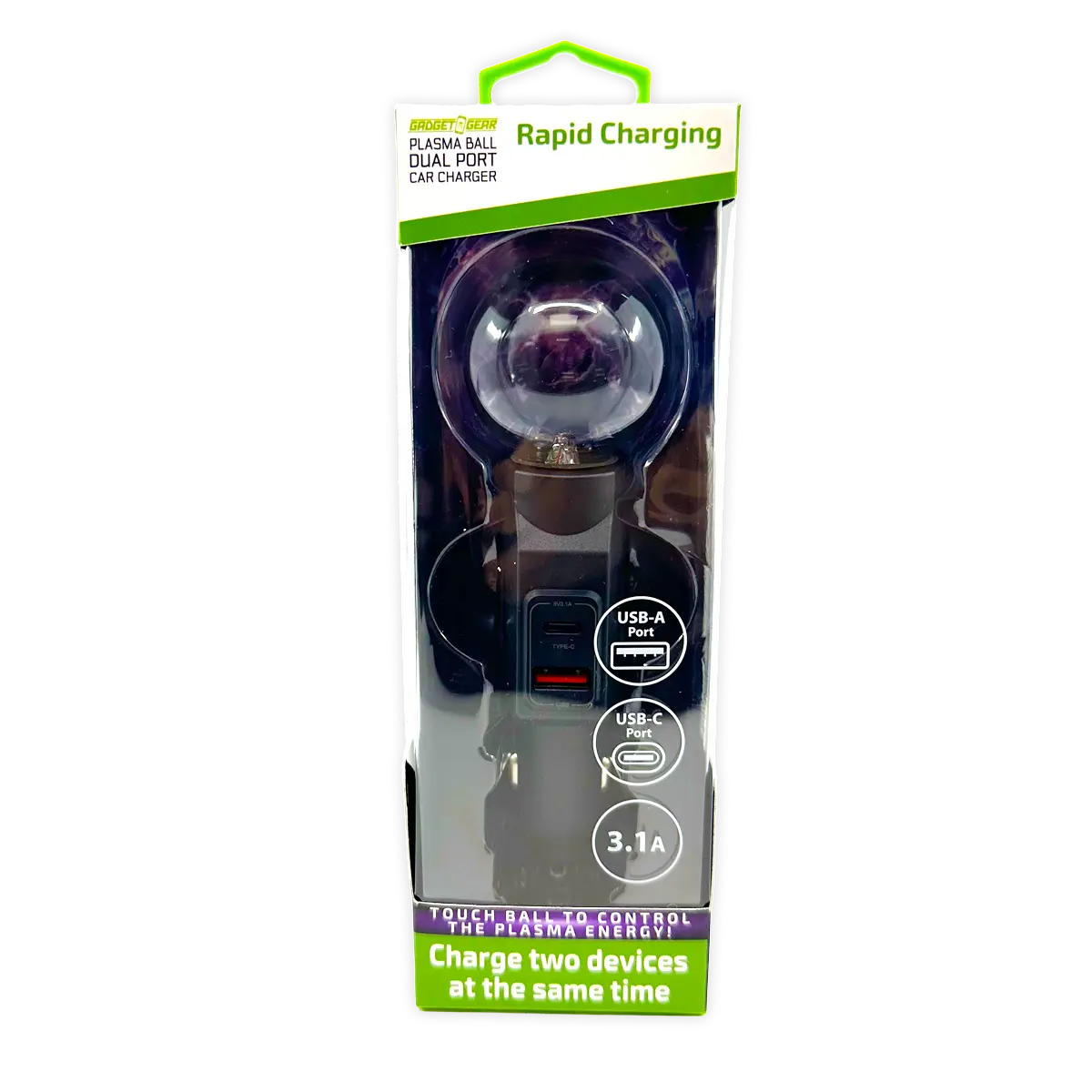 Car Charger Dual Port USB-A/USB-C 3.1-Amp Plasma Ball - 3 Pieces Per Pack 41786 GADGET GEAR