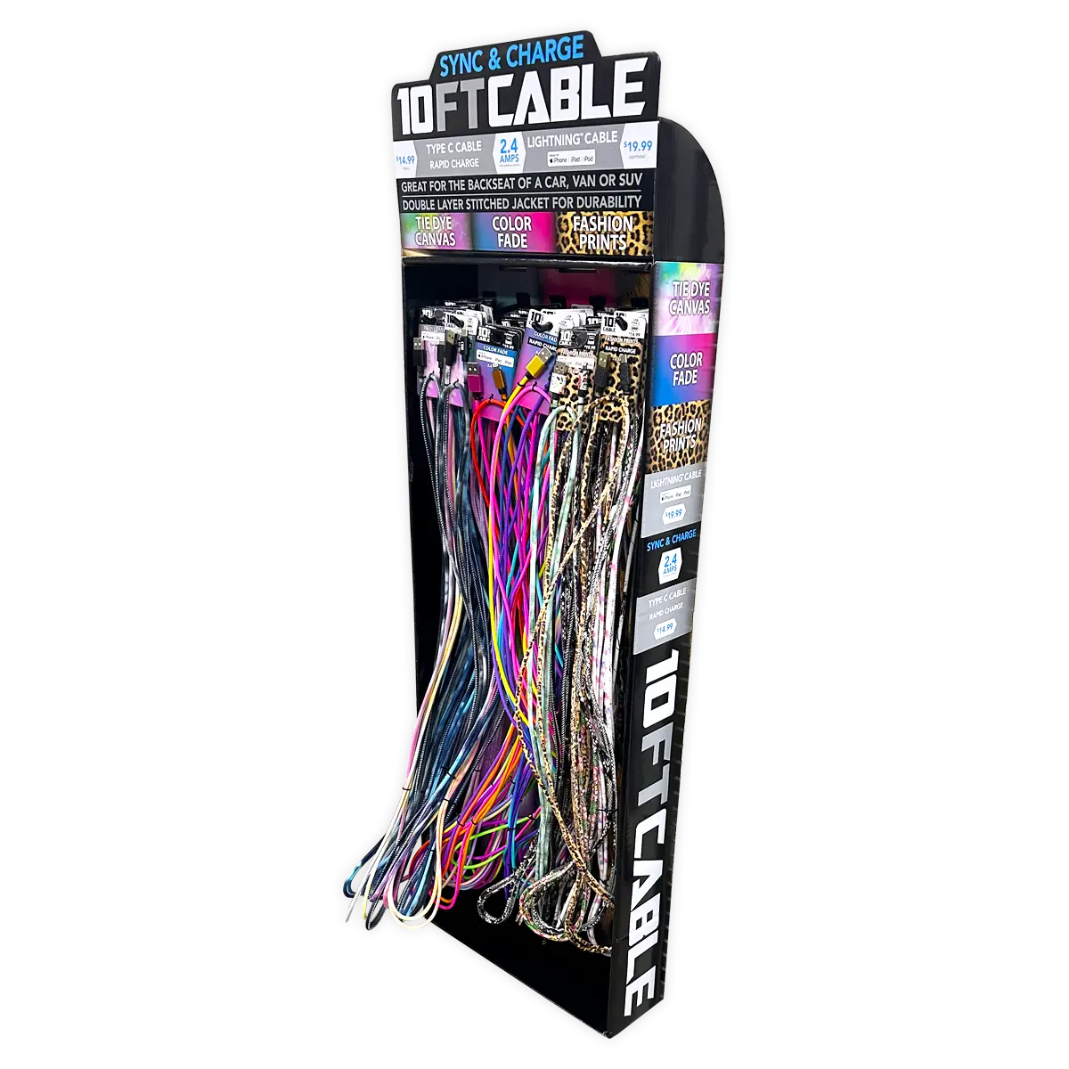 10FT Braided Sync and Charge Cable Assortment Floor Display - 38 Pieces Per Retail Ready Display 88396 GADGET GEAR