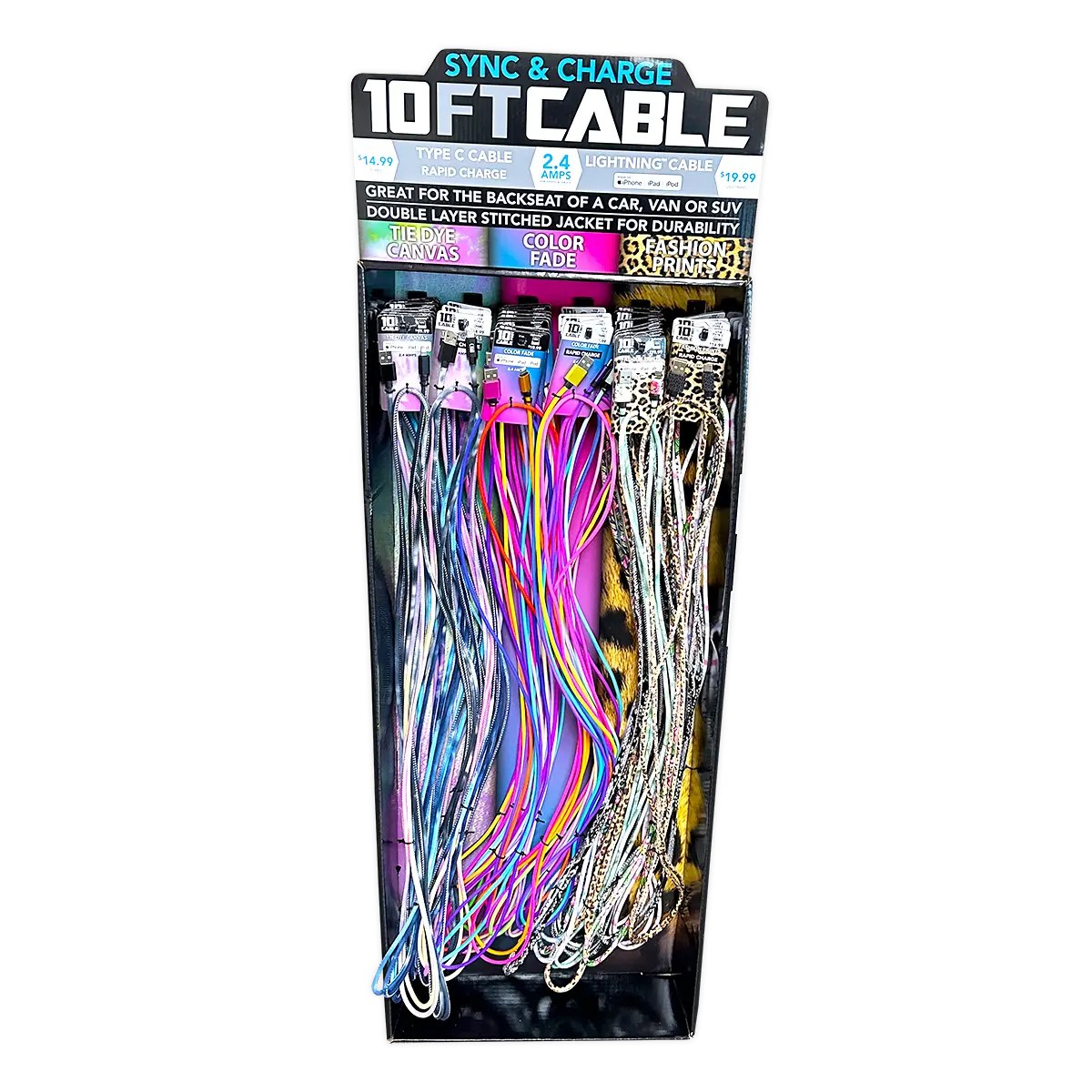 10FT Braided Sync and Charge Cable Assortment Floor Display - 38 Pieces Per Retail Ready Display 88396 GADGET GEAR