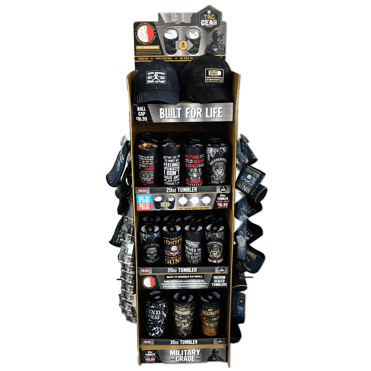 Patriotic Tac Gear Hat and Insulated Cup Assortment Floor Display - 72 Pieces Per Retail Ready Display 88448 TAC GEAR