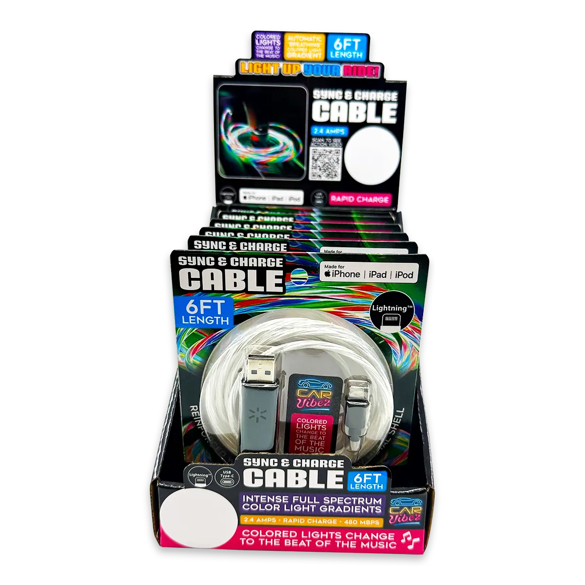 Charging Cable LED Light-Up Assortment - 6 Pieces Per Retail Ready Display 88472 CAR VIBEZ