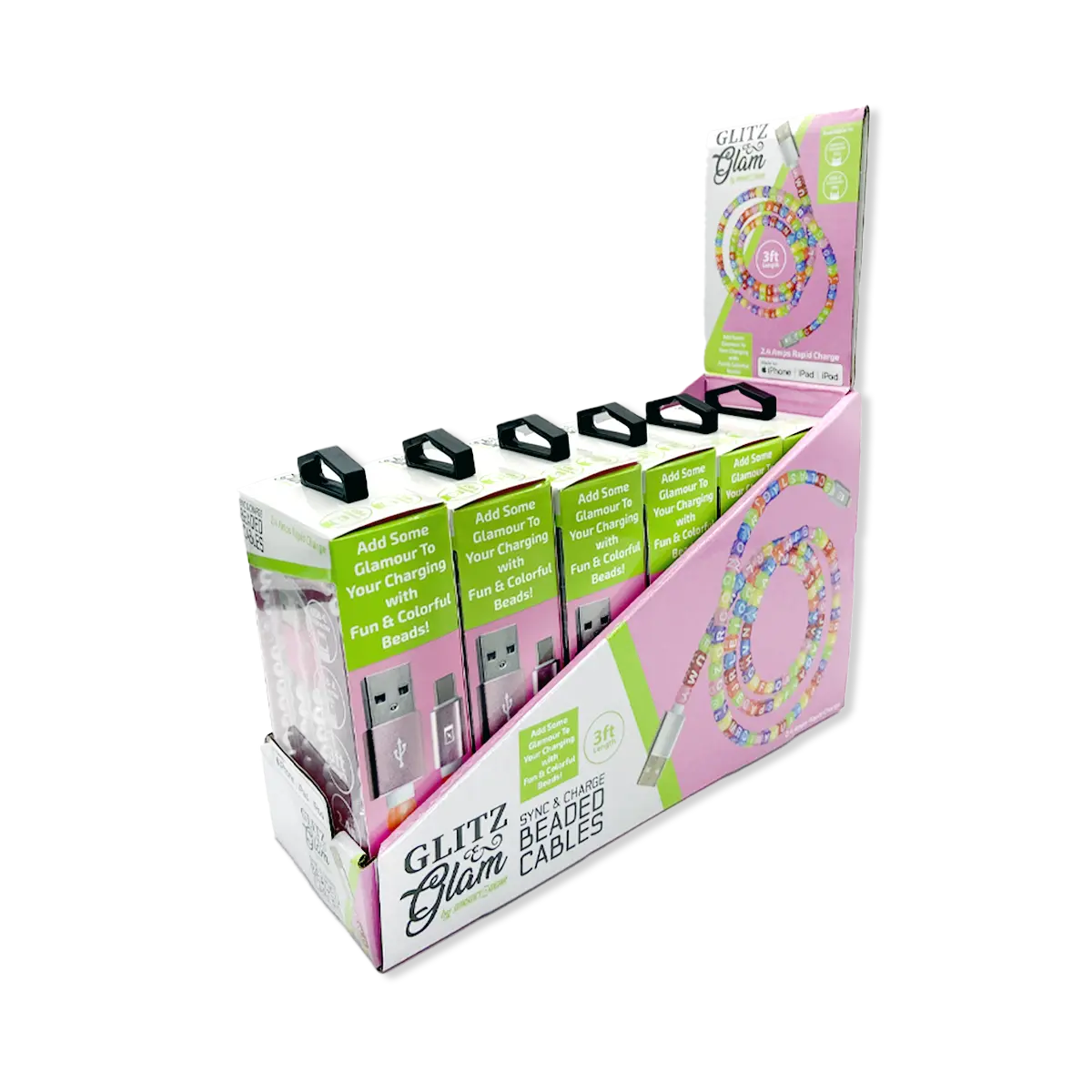 Beaded Charging Cable Assortment 3FT - 6 Pieces Per Retail Ready Display 88568 GADGET GEAR