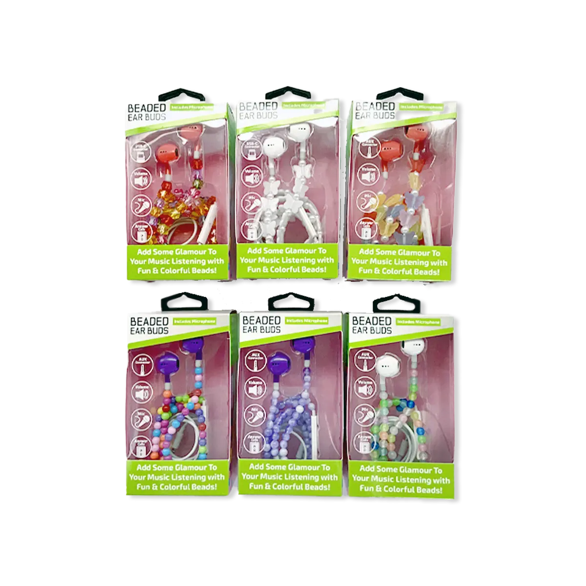 Beaded Earbuds Assortment USB-C / Aux - 6 Pieces Per Retail Ready Display 88569 GADGET GEAR