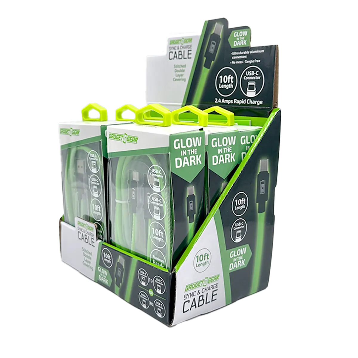 Charging Cable Glow in The Dark Assortment 10FT - 6 Pieces Per Retail Ready Display 88589 GADGET GEAR