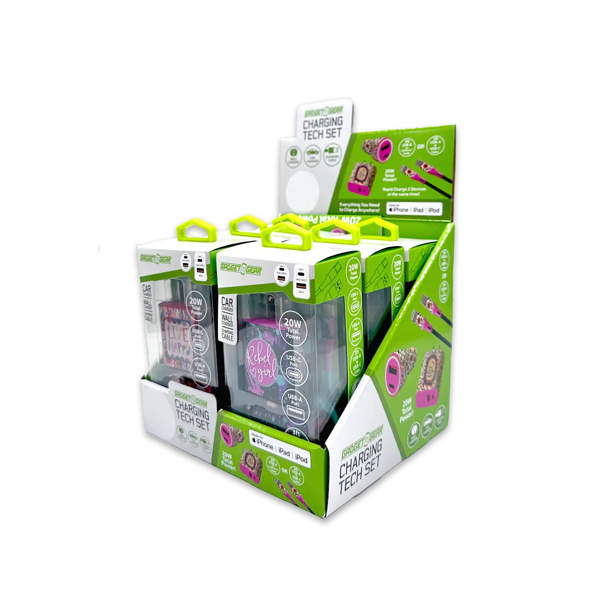 Charging Tech Set USB-C / Lightning Cable Assortment 3FT 20 Watts - 6 Pieces Per Retail Ready Display 88601 GADGET GEAR