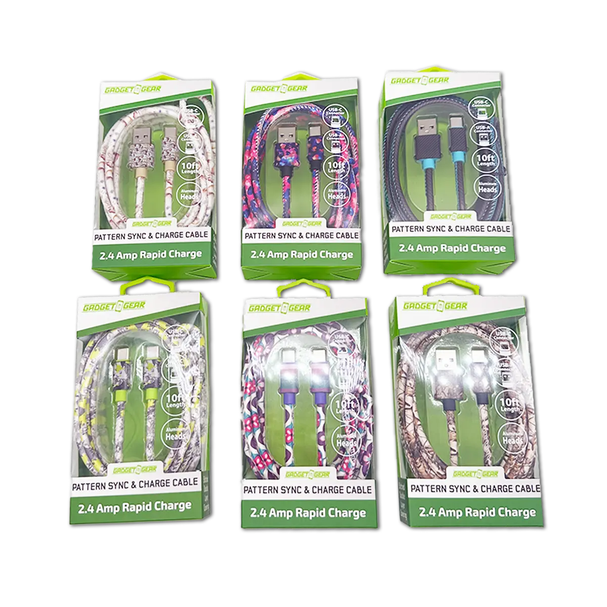 USB-C / USB-A Charging Cable Assortment 10FT 20 Watts - 6 Pieces Per Retail Ready Display 88602 GADGET GEAR