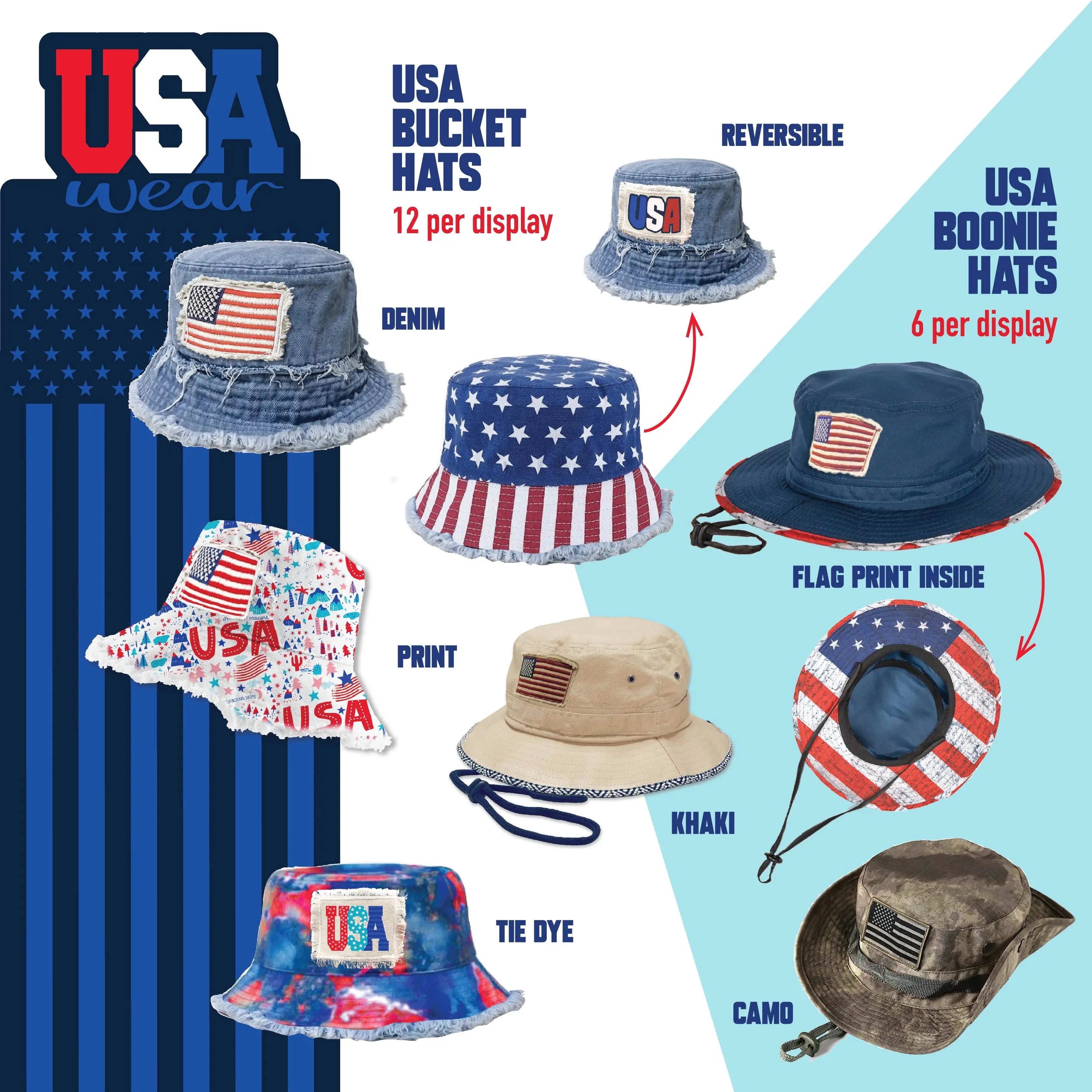 USA Bucket and Boonie Patriotic Hat Assortment Floor Display - 18 Pieces Per Retail Ready Display 88536 NOVELTY INC