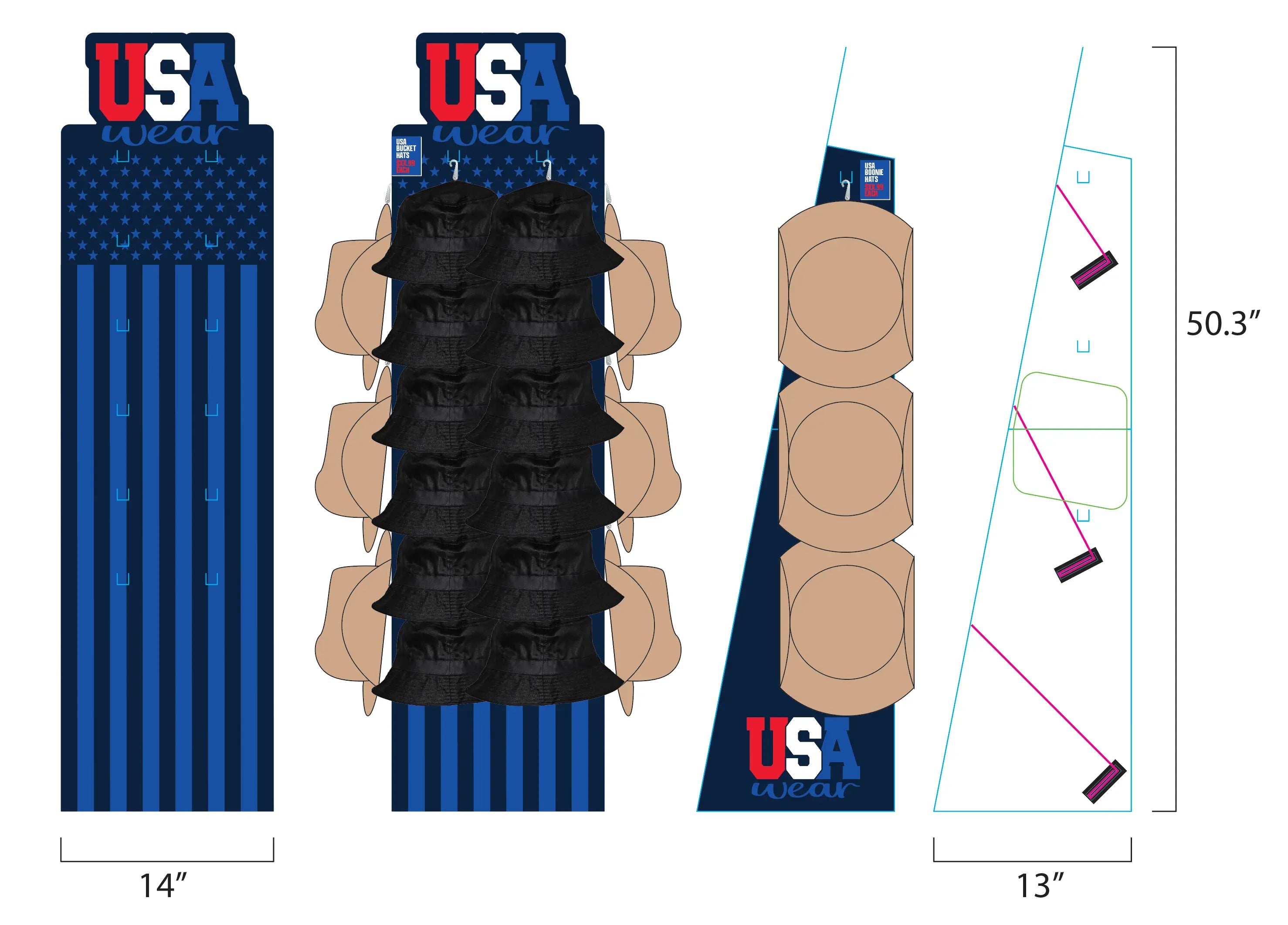 USA Bucket and Boonie Patriotic Hat Assortment Floor Display - 18 Pieces Per Retail Ready Display 88536 NOVELTY INC