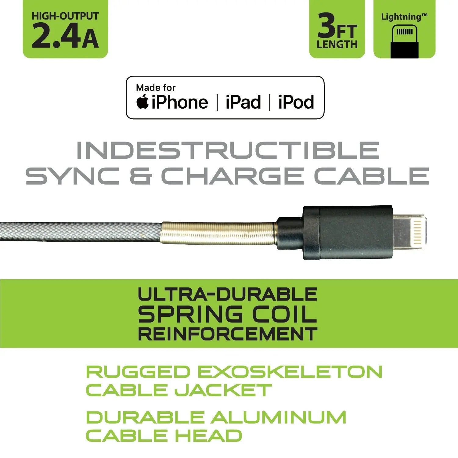 Charging Cable Elite Indestructible USB to Lightning 3FT 2.4 Amp - 3 Pieces Per Pack 21158 GADGET GEAR
