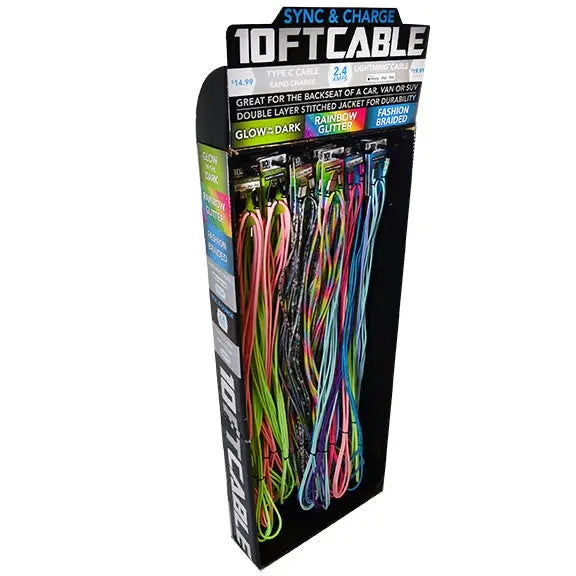 10FT Braided Sync and Charge Cable Assortment Wing Rack Display - 38 Pieces Per Retail Ready Display 88336 GADGET GEAR