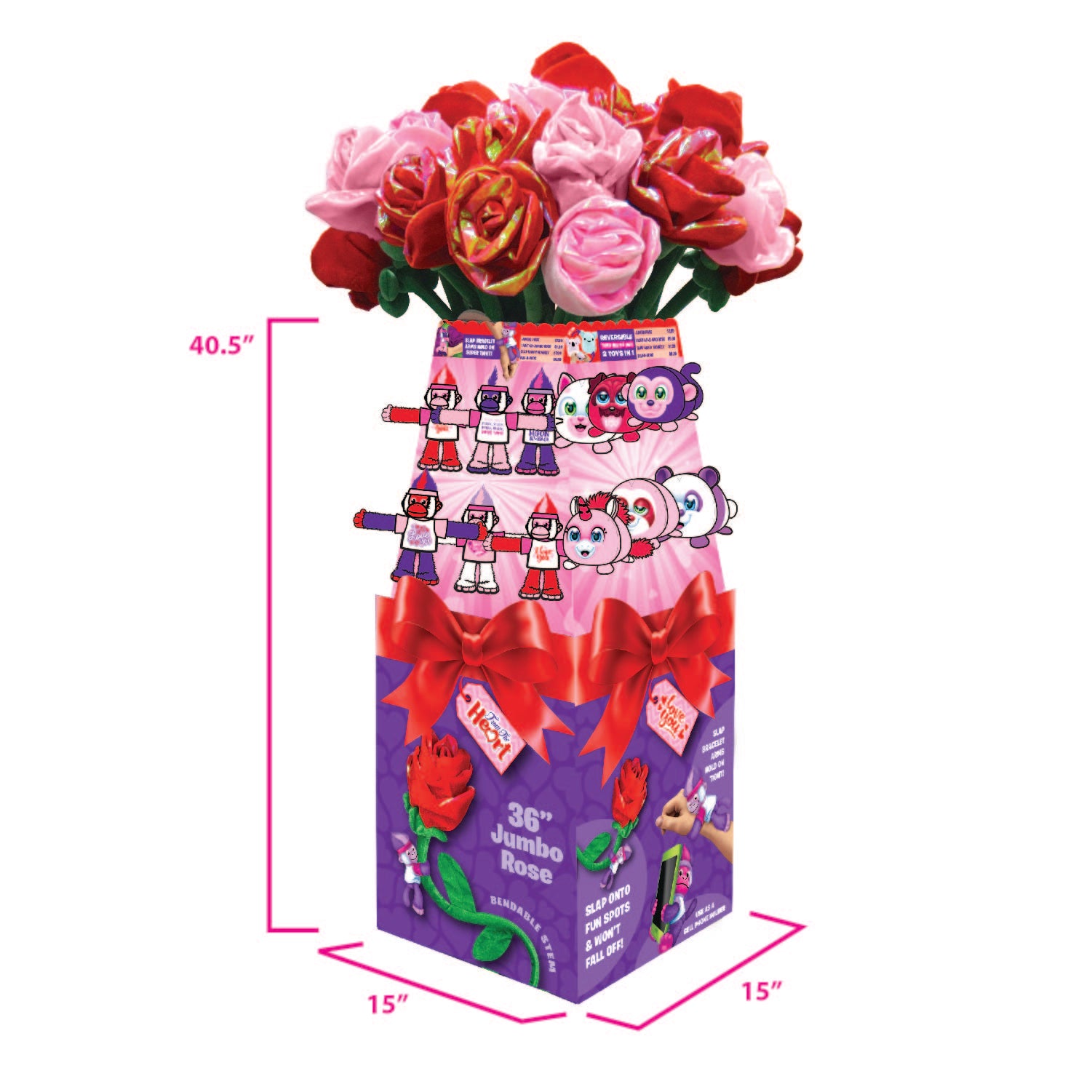 Valentine's Day Rose Plush Assortment Floor Display - 48 Pieces Per Retail Ready Display 88348 KIPP BROTHERS